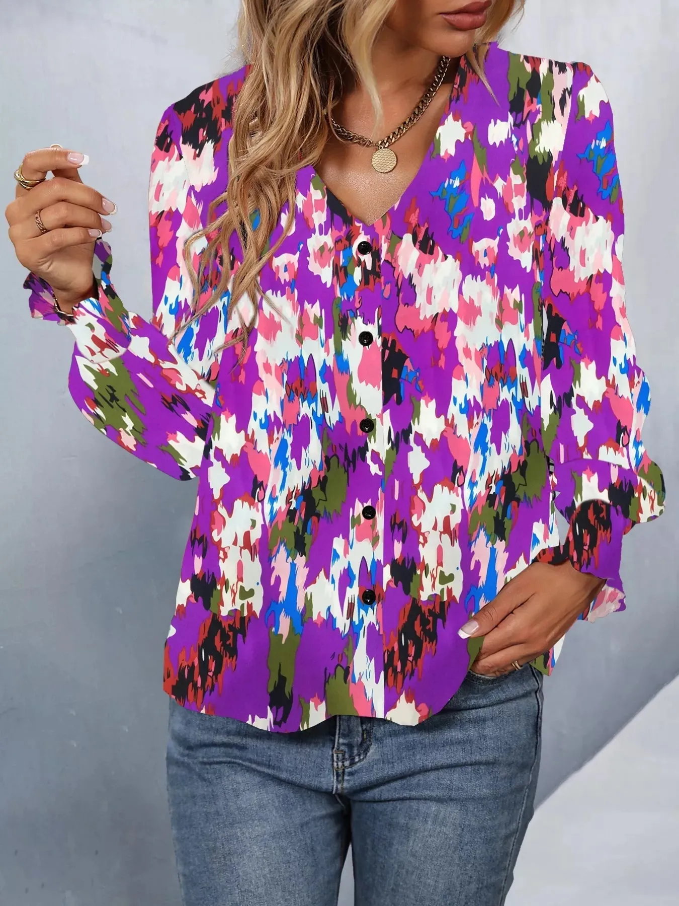Printed Button Up Long Sleeve Shirt sold by Charming Charlie product image thumbnail 4