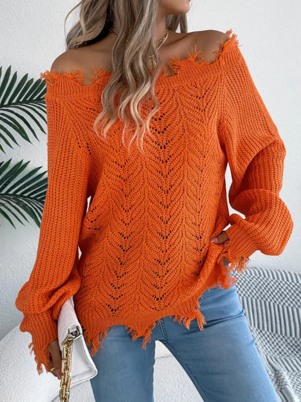 Distressed Hem Openwork Off-Shoulder Sweater sold by Charming Charlie