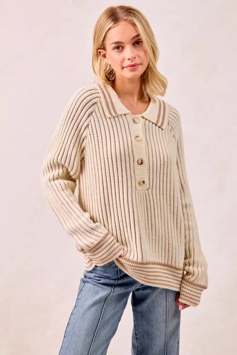 BiBi Half Button Ribbed Two Tone Sweater sold by Charming Charlie
