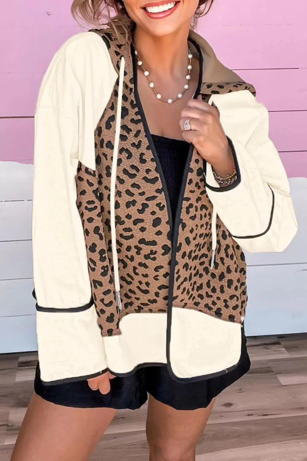 Drawstring Leopard Long Sleeve Hooded Jacket sold by Charming Charlie