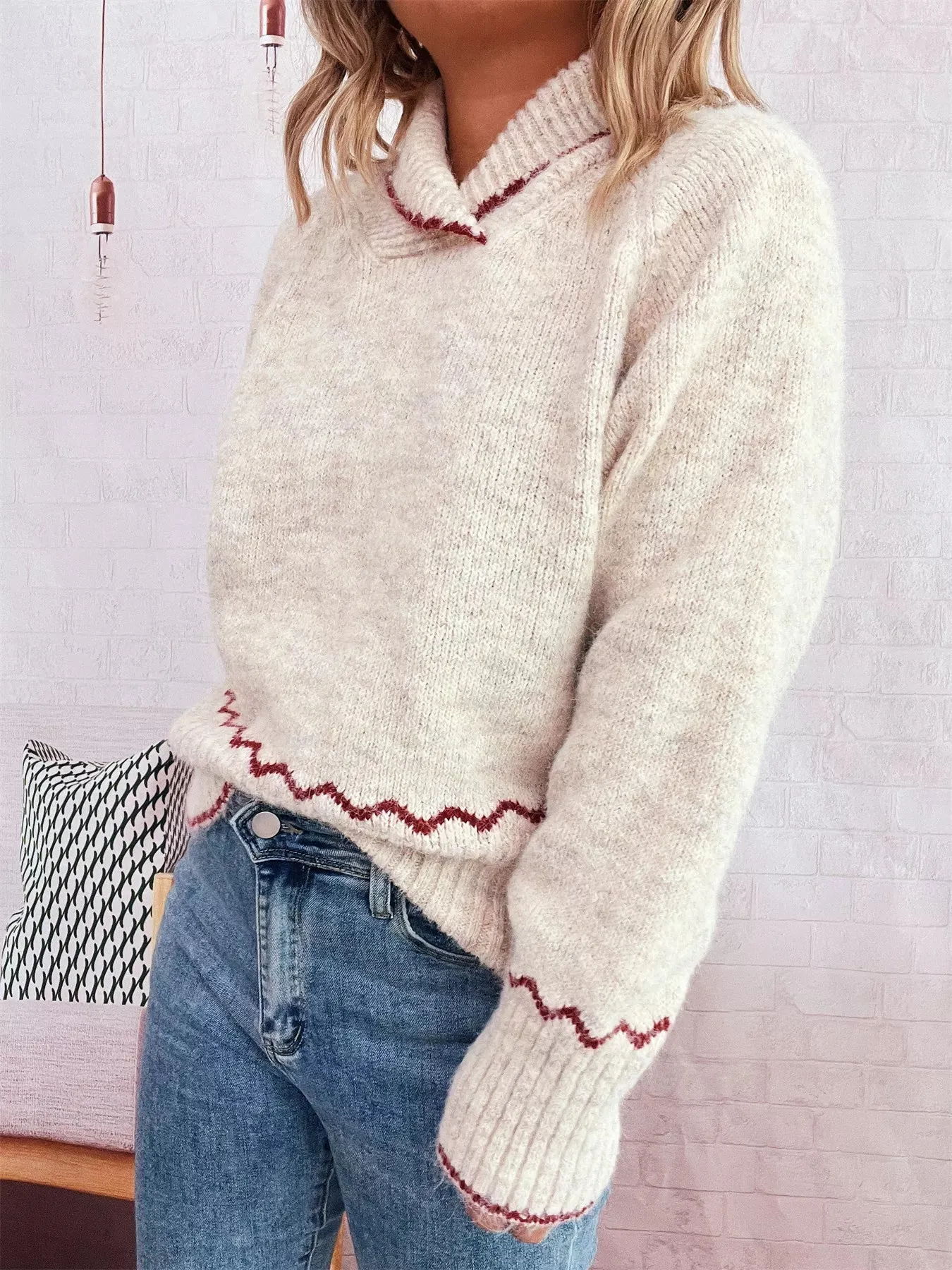 Ribbed Contrast Trim Long Sleeve Sweater sold by Charming Charlie product image thumbnail 2