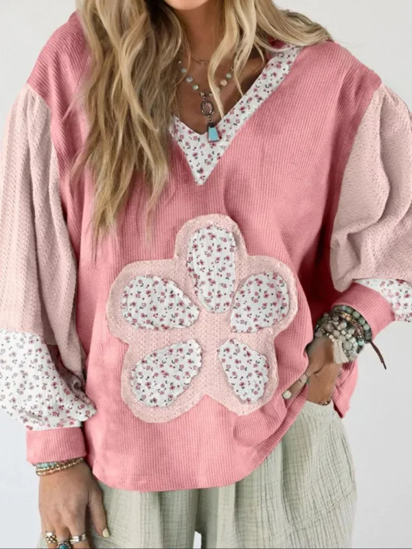 Floral Patch V-Neck Sweatshirt sold by Charming Charlie