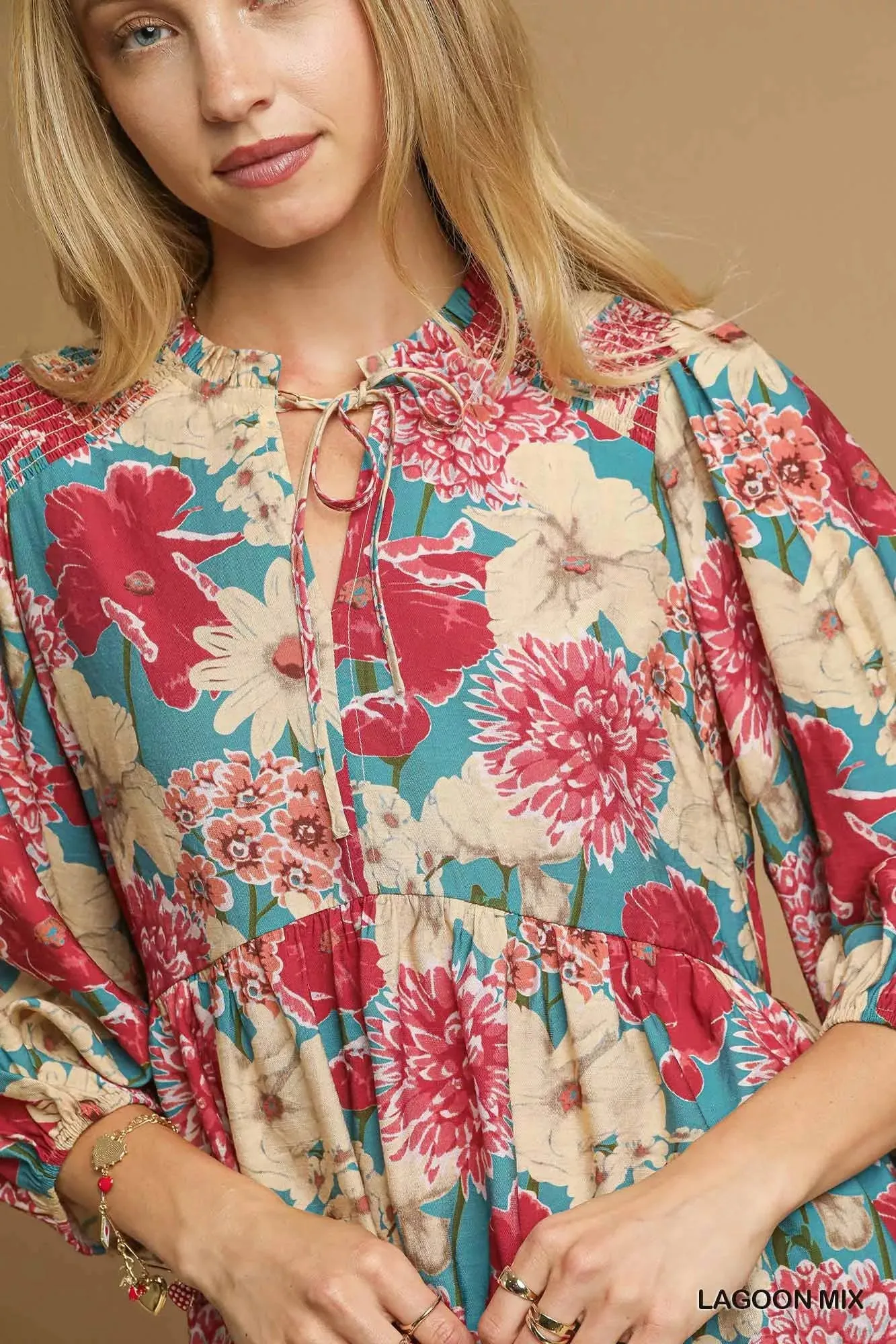 Umgee Mix Floral Peplum Blouse with Tie Neck sold by Charming Charlie product image thumbnail 5