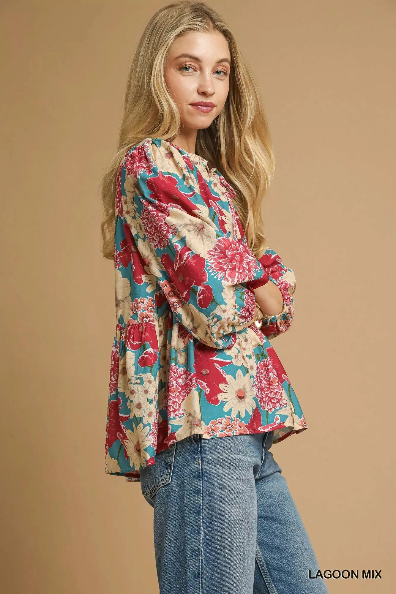 Umgee Mix Floral Peplum Blouse with Tie Neck sold by Charming Charlie product image thumbnail 2