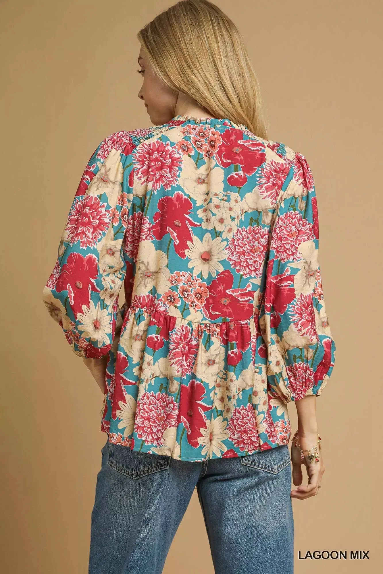 Umgee Mix Floral Peplum Blouse with Tie Neck sold by Charming Charlie product image thumbnail 3