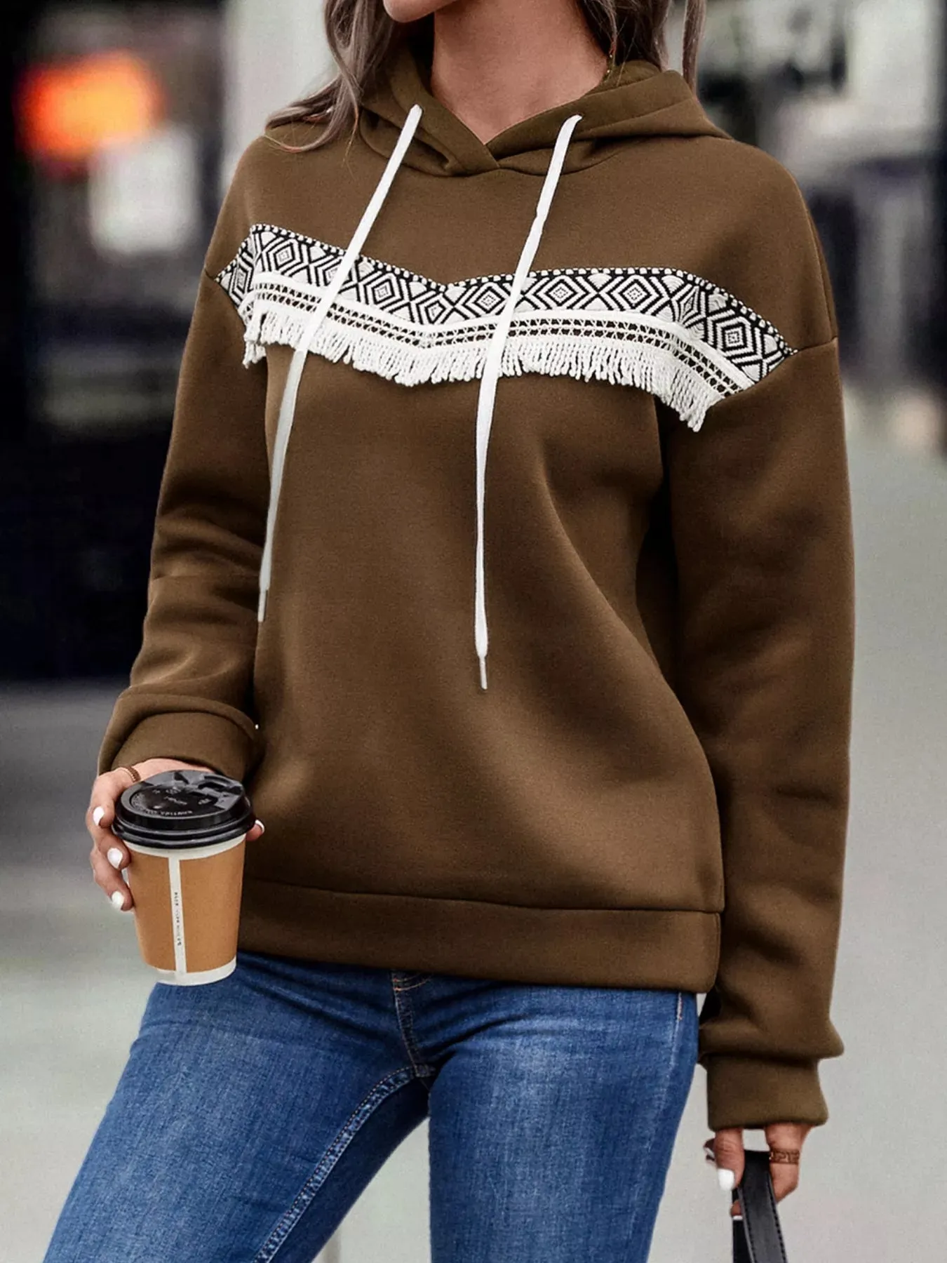 Fringe Detail Long Sleeve Drawstring Hoodie sold by Charming Charlie product image thumbnail 3