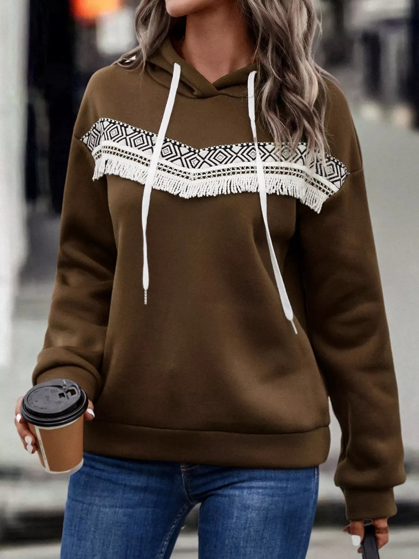 Fringe Detail Long Sleeve Drawstring Hoodie sold by Charming Charlie product image thumbnail 4
