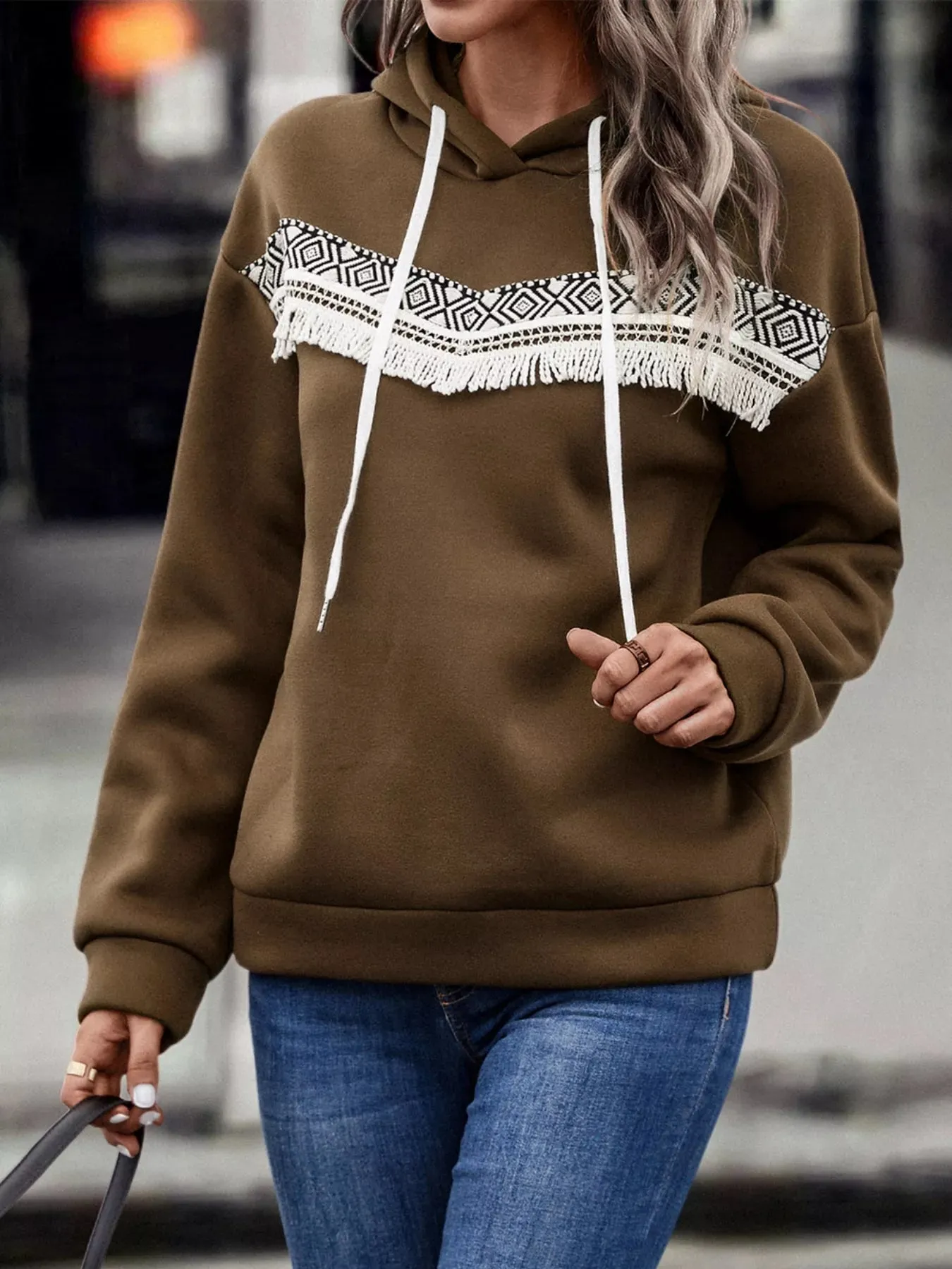Fringe Detail Long Sleeve Drawstring Hoodie sold by Charming Charlie product image thumbnail 5