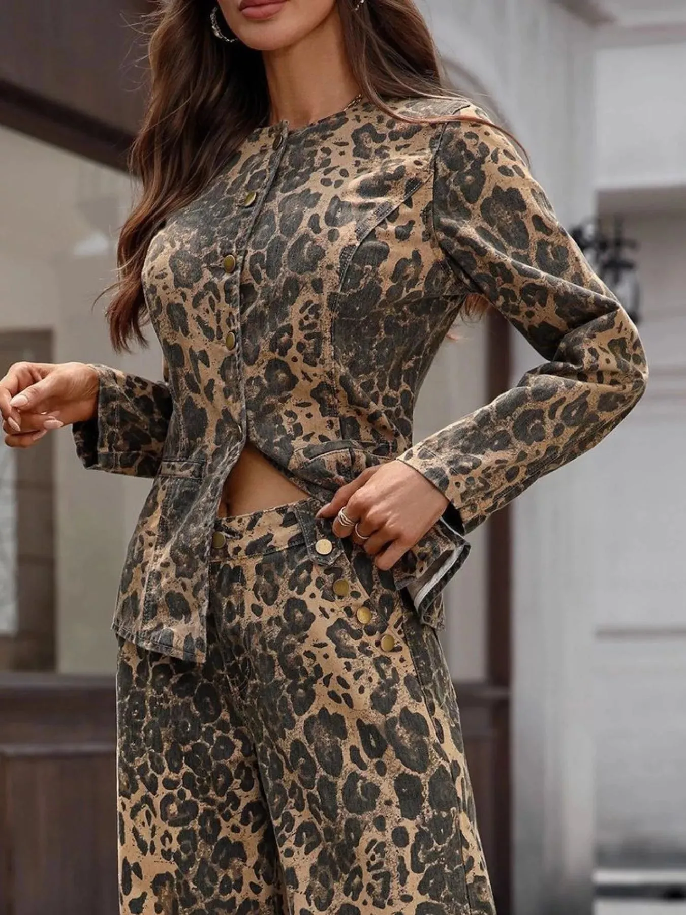 Leopard Button Up Long Sleeve Denim Shirt sold by Charming Charlie product image thumbnail 2