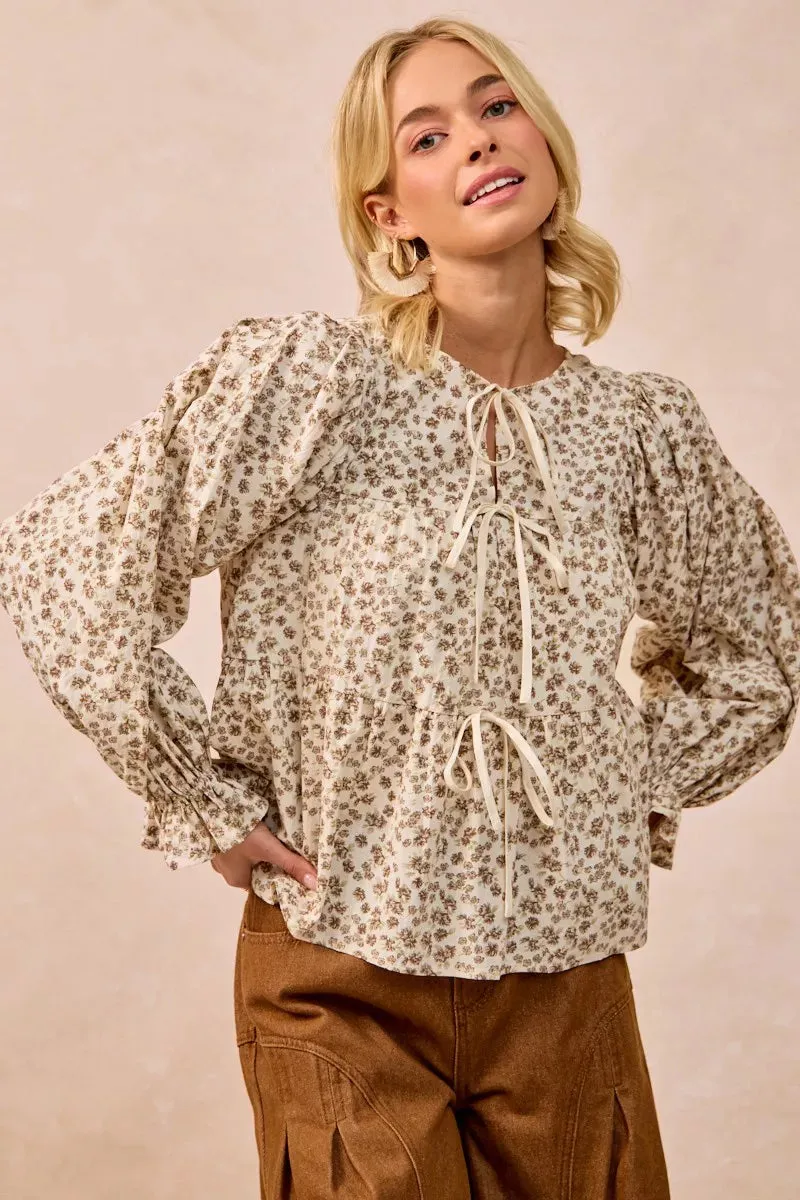 BiBi Floral Printed Peplum Blouse with Shirring and Tied sold by Charming Charlie product image thumbnail 4