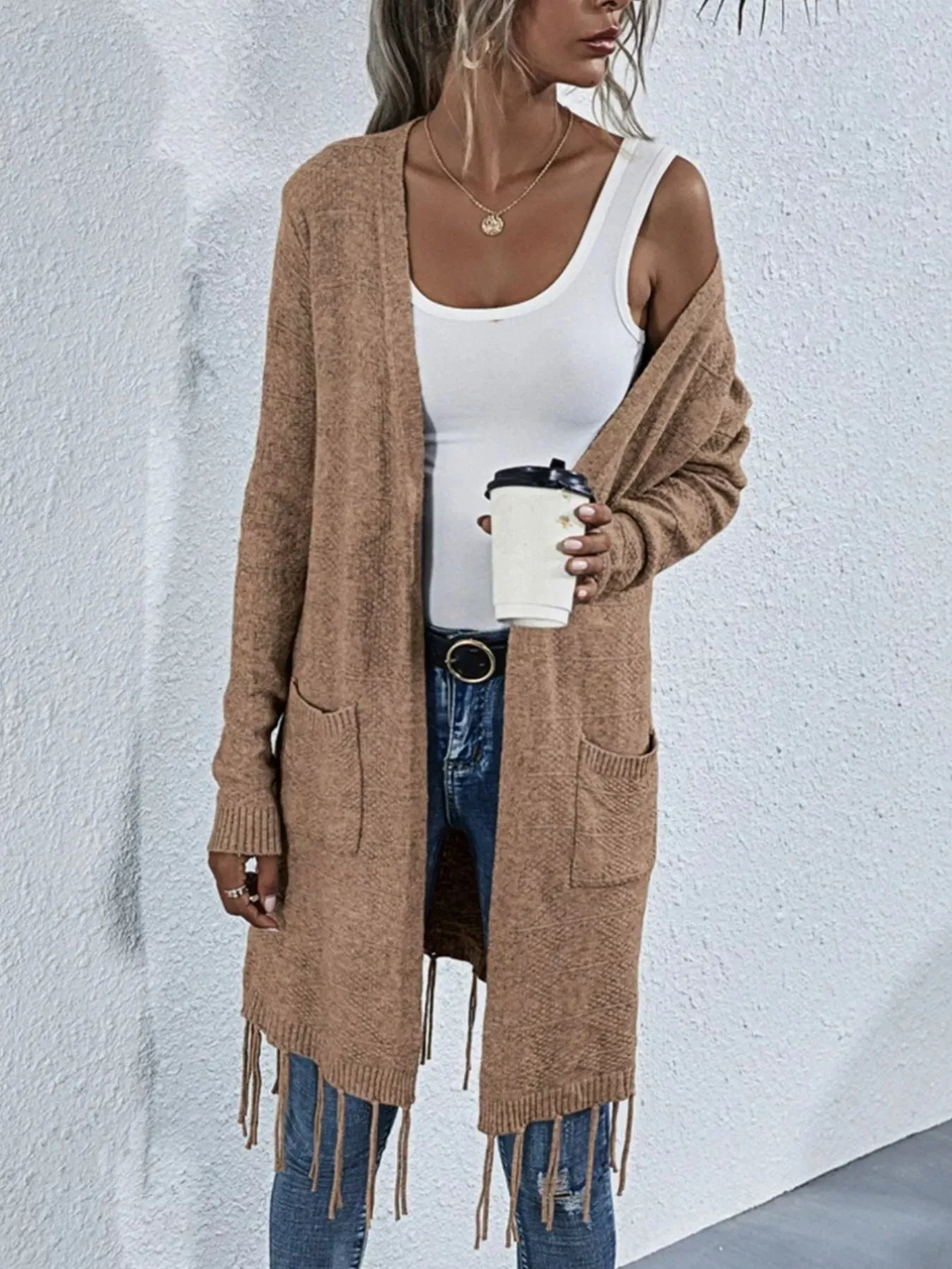 Open Front Fringe Longline Cardigan with Pockets sold by Charming Charlie product image thumbnail 5