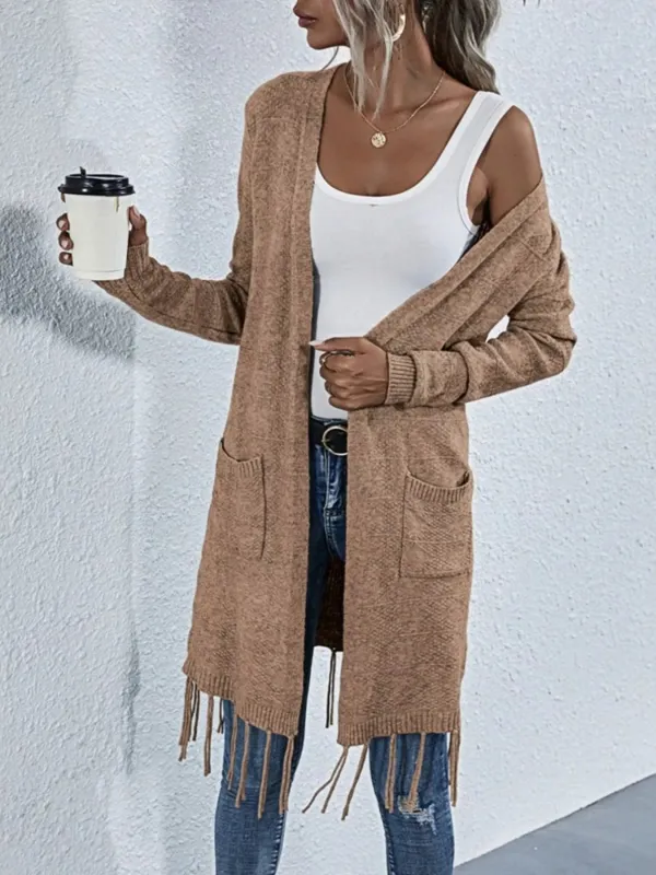 Open Front Fringe Longline Cardigan with Pockets sold by Charming Charlie