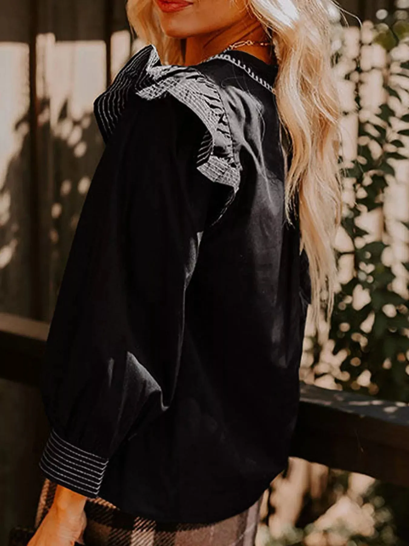 Ruffled Notched Long Sleeve Blouse sold by Charming Charlie product image thumbnail 3