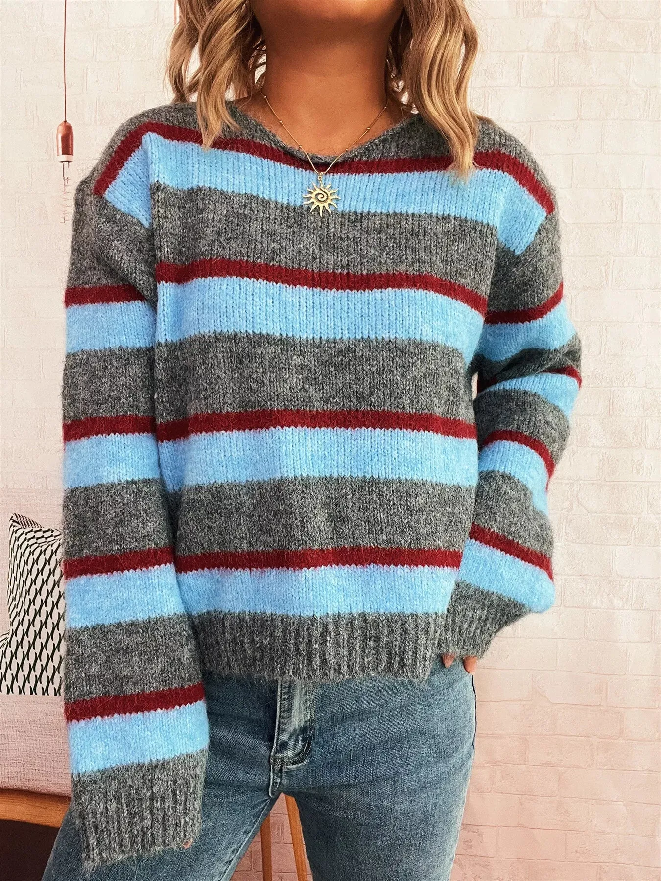 Striped Round Neck Long Sleeve Sweater sold by Charming Charlie