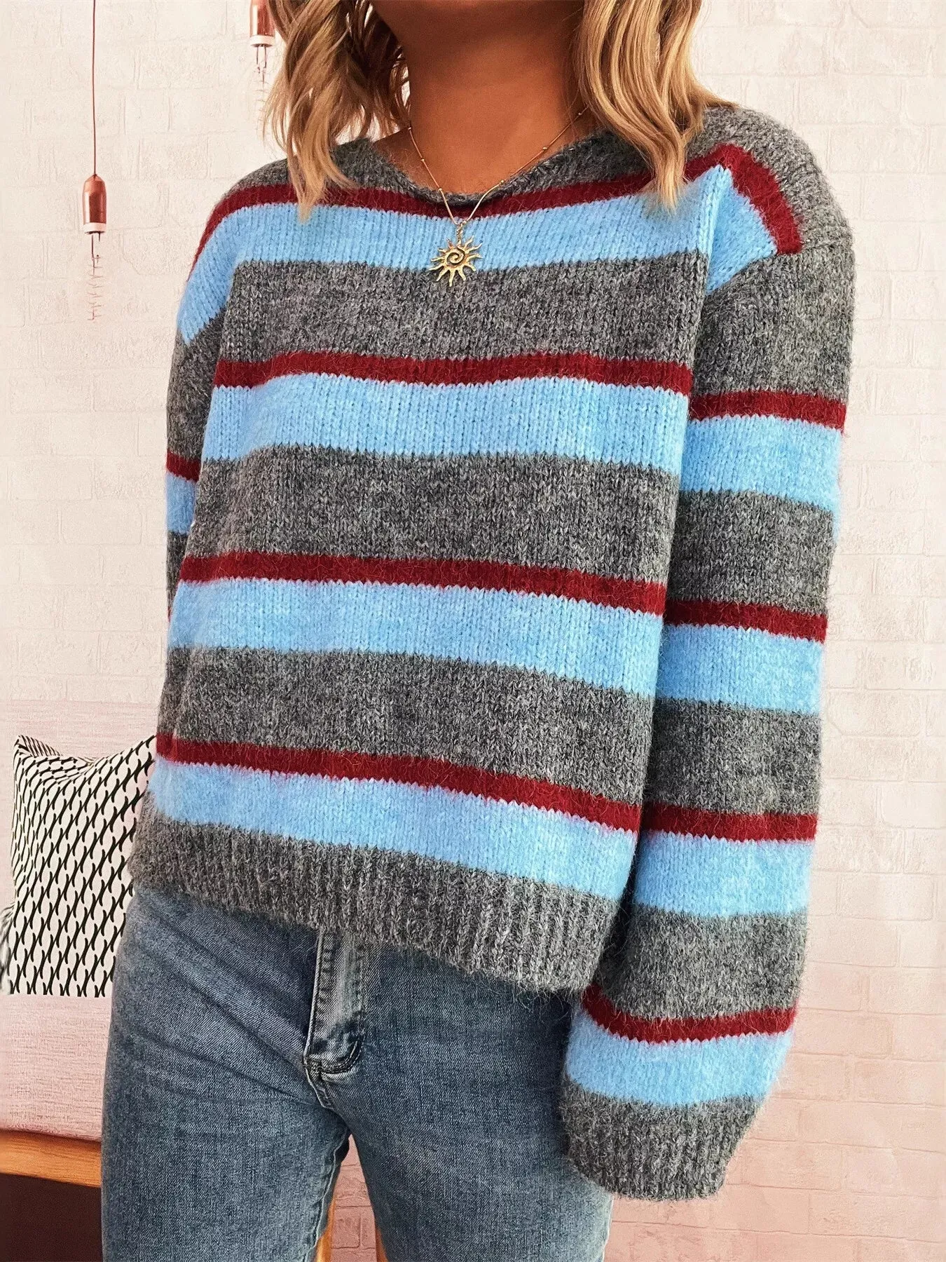Striped Round Neck Long Sleeve Sweater sold by Charming Charlie product image thumbnail 2
