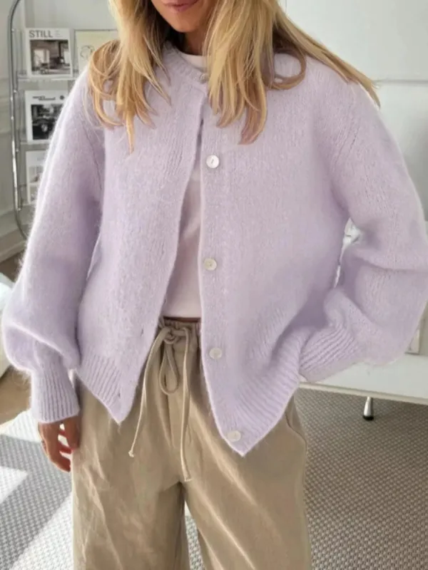 Button-Front Round Neck Cardigan sold by Charming Charlie