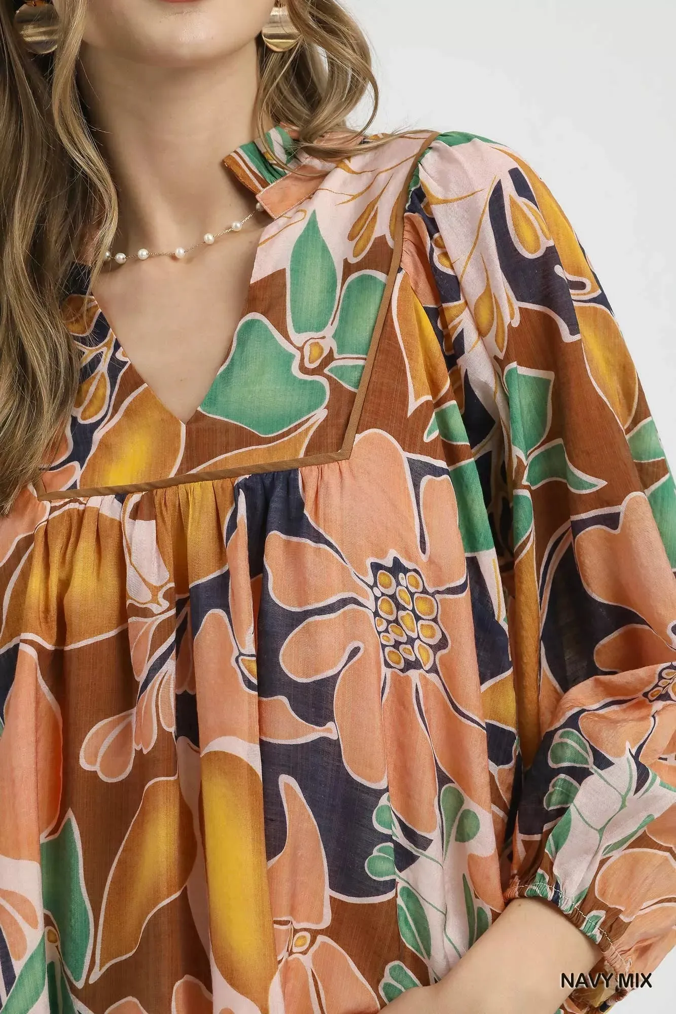 Umgee Multicolor Abstract Floral Print Blouse with Ruffle Neck sold by Charming Charlie product image thumbnail 5