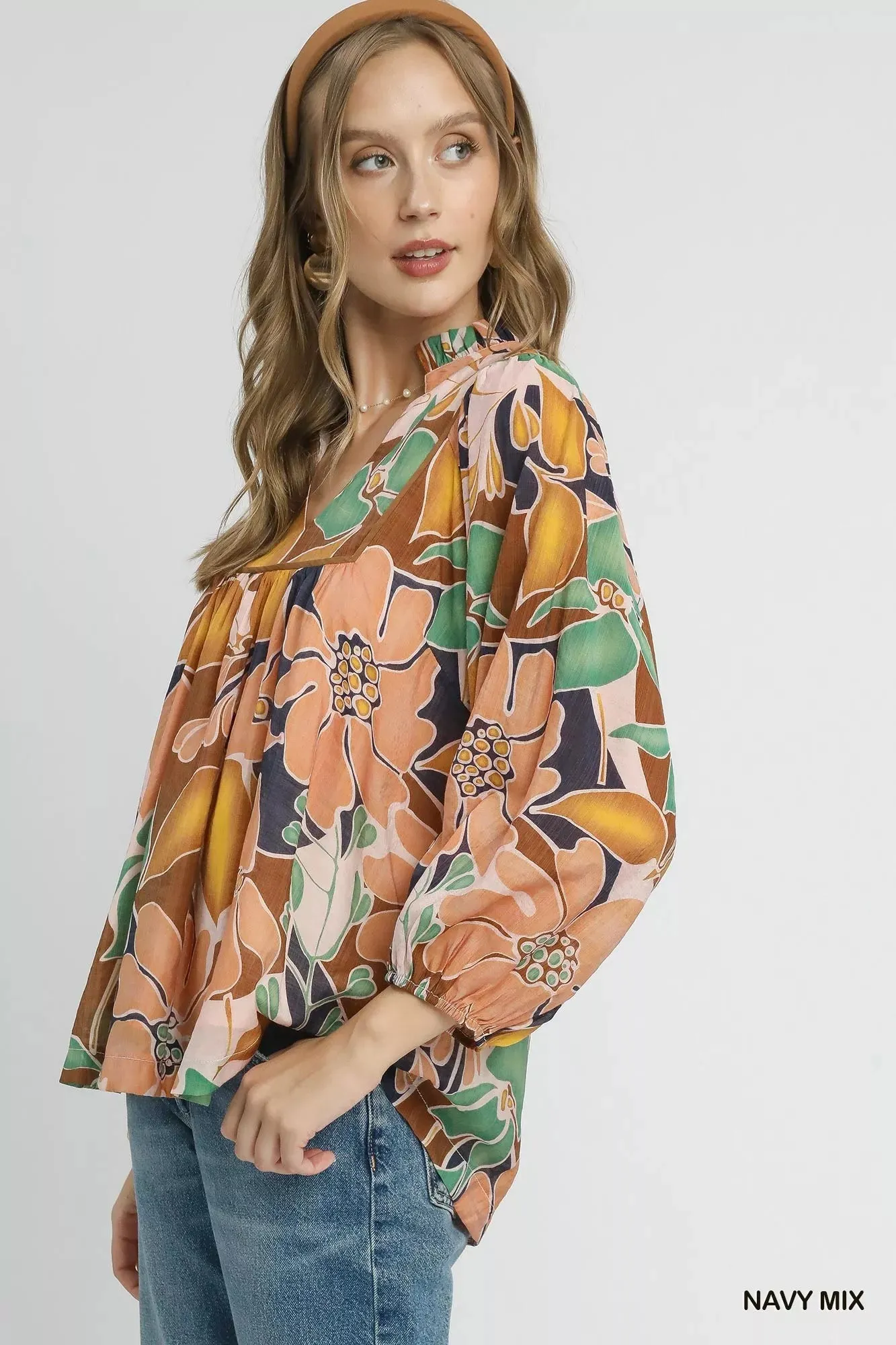 Umgee Multicolor Abstract Floral Print Blouse with Ruffle Neck sold by Charming Charlie product image thumbnail 2