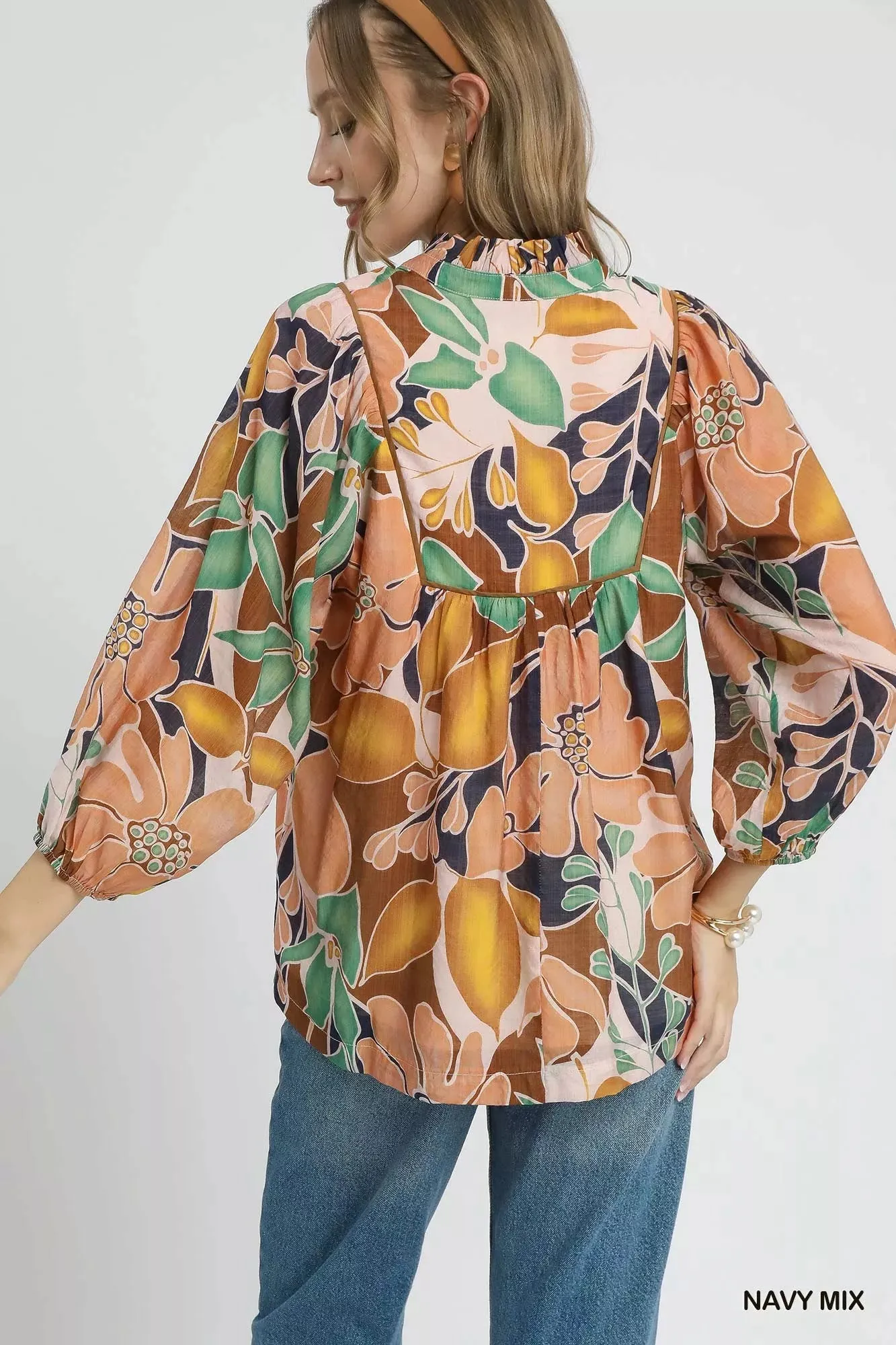 Umgee Multicolor Abstract Floral Print Blouse with Ruffle Neck sold by Charming Charlie product image thumbnail 3