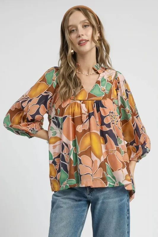 Umgee Multicolor Abstract Floral Print Blouse with Ruffle Neck sold by Charming Charlie