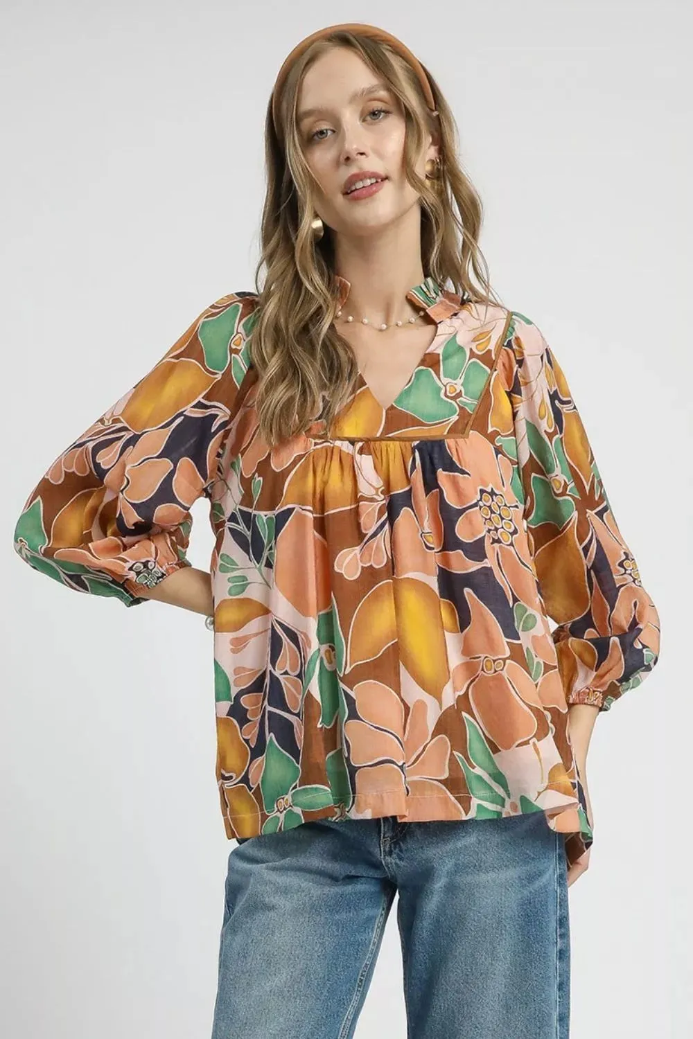 Umgee Multicolor Abstract Floral Print Blouse with Ruffle Neck sold by Charming Charlie