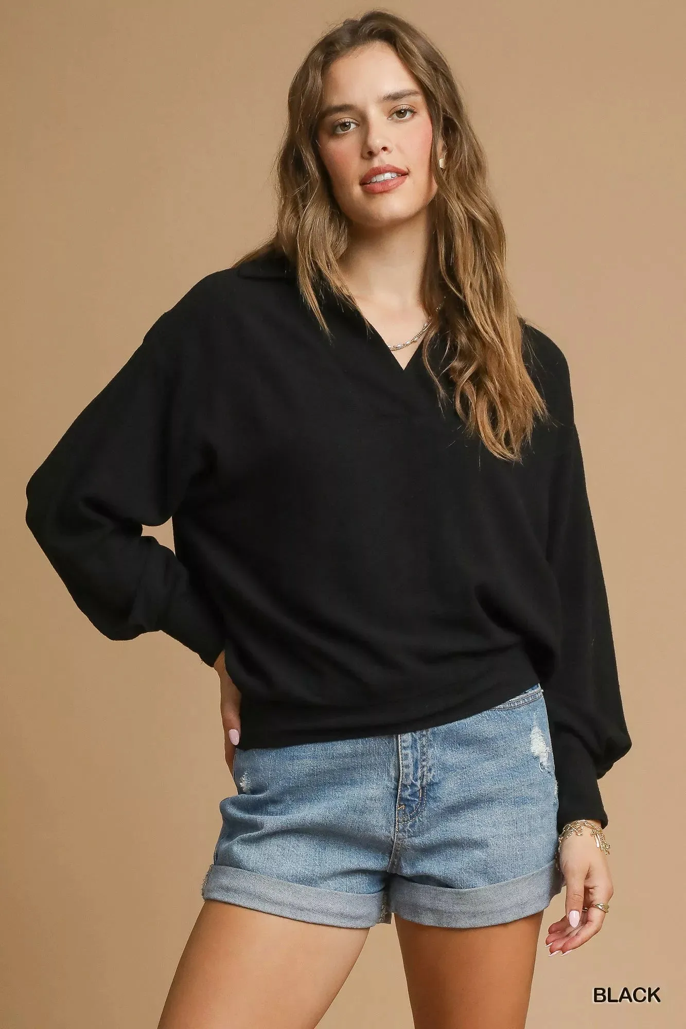 Umgee Linen Long Sleeves Elastic Hem Blouse sold by Charming Charlie