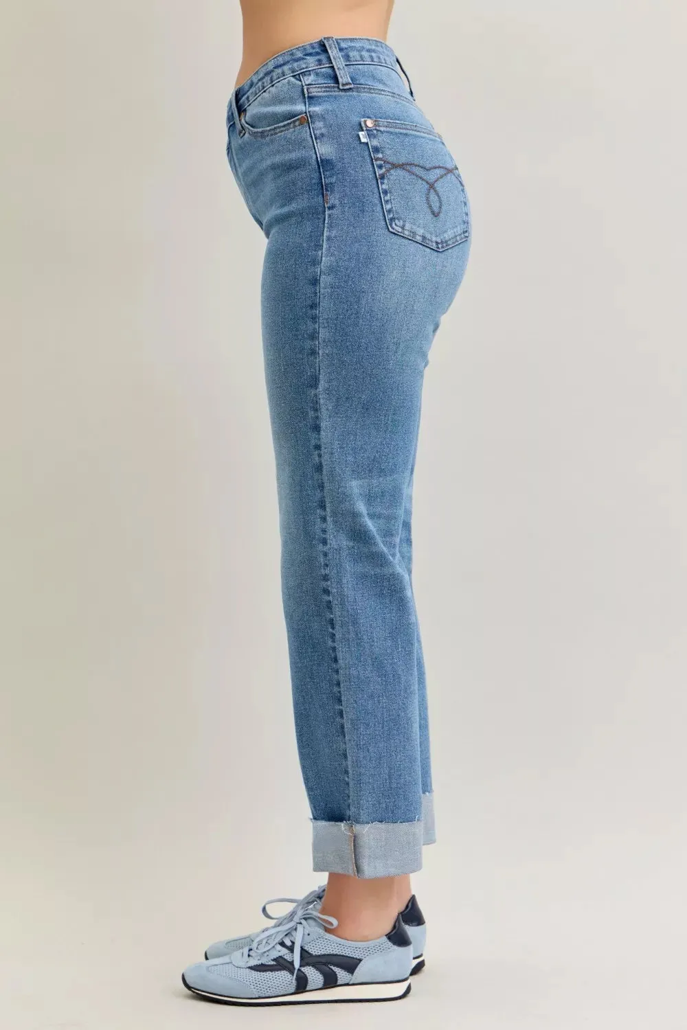 Judy Blue High Waist Bf Criss-cross Mild Destroy Jeans with Single Cuff sold by Charming Charlie product image thumbnail 4