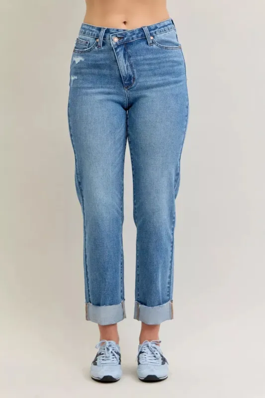 Judy Blue High Waist Bf Criss-cross Mild Destroy Jeans with Single Cuff sold by Charming Charlie