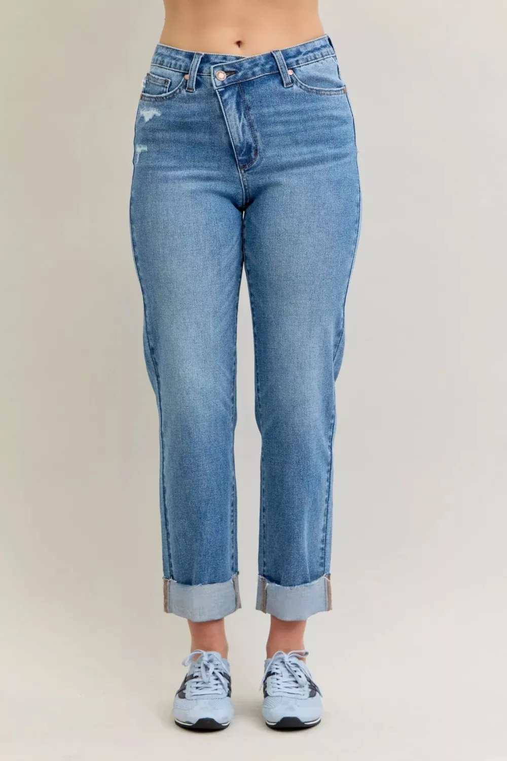 Judy Blue High Waist Bf Criss-cross Mild Destroy Jeans with Single Cuff sold by Charming Charlie