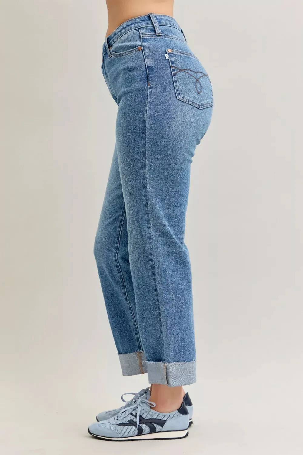 Judy Blue High Waist Bf Criss-cross Mild Destroy Jeans with Single Cuff sold by Charming Charlie product image thumbnail 3