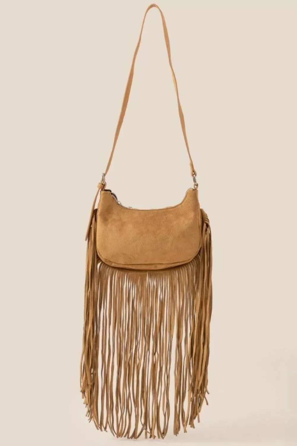Fame Suede Fringe Crossbody Bag sold by Charming Charlie