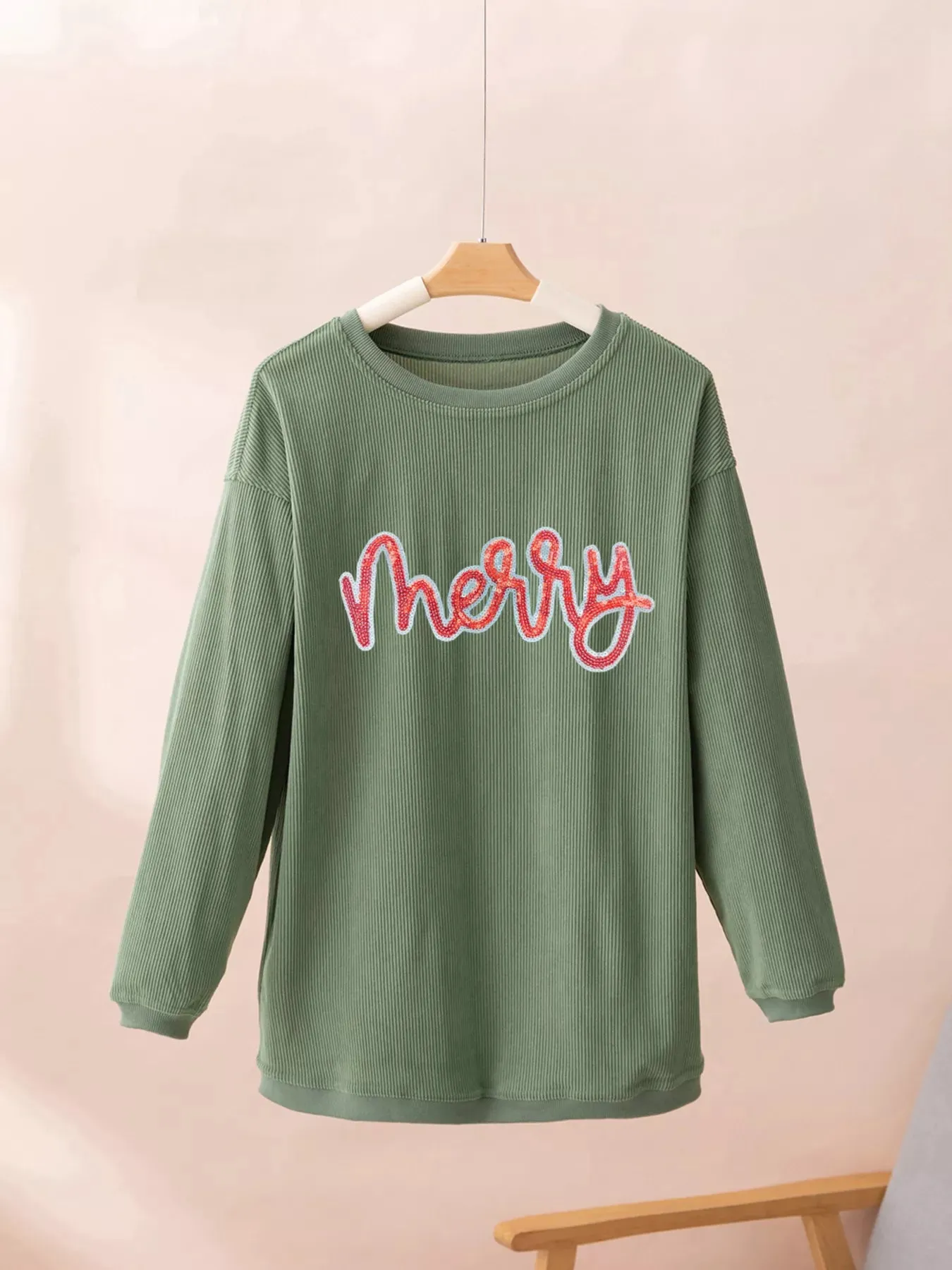 Merry Letter Christmas Sequined Twisted Ribbed Sweatshirt sold by Charming Charlie product image thumbnail 5