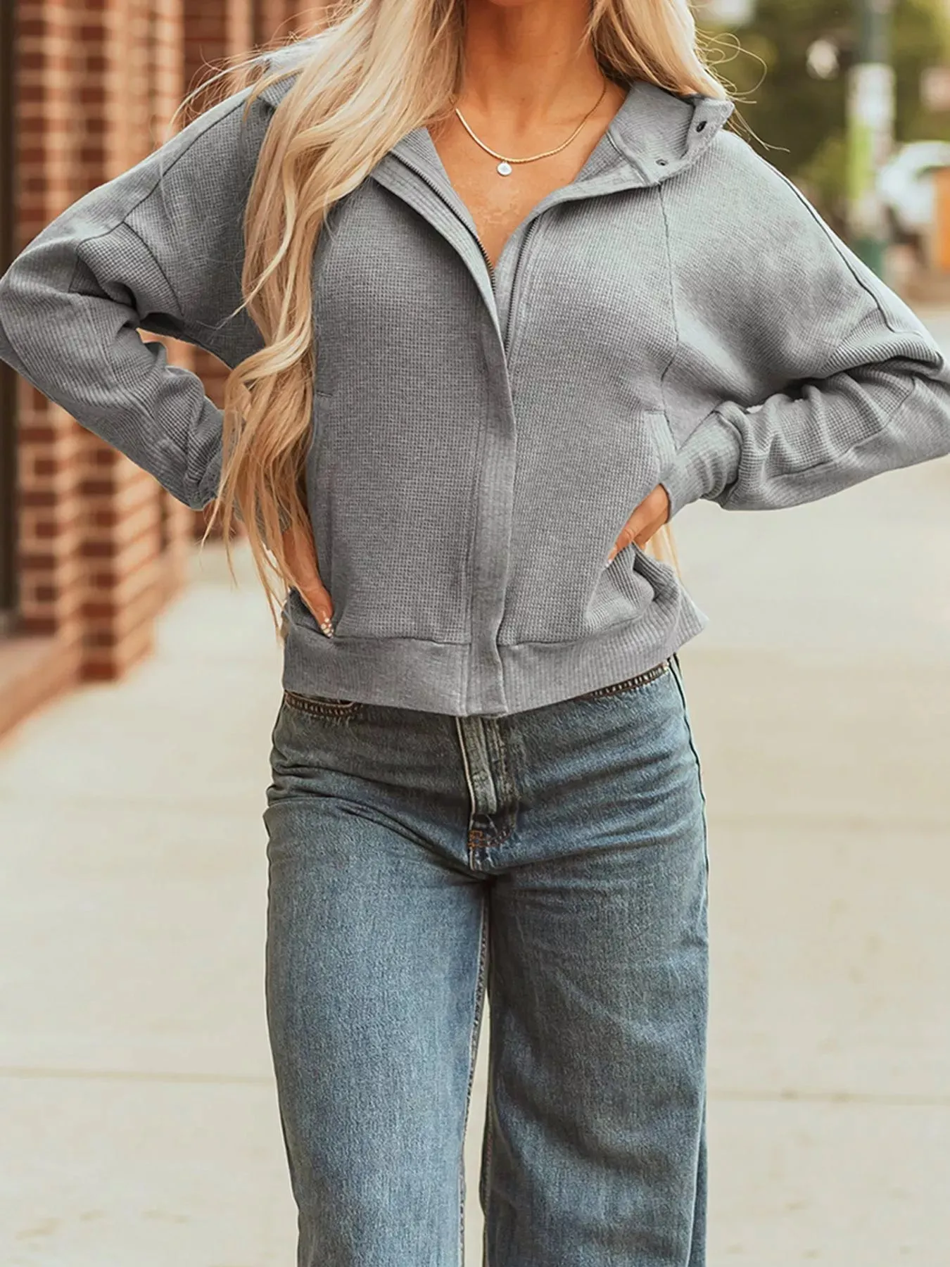 Waffle Splicing Zip Up Front Button Hooded Jacket sold by Charming Charlie