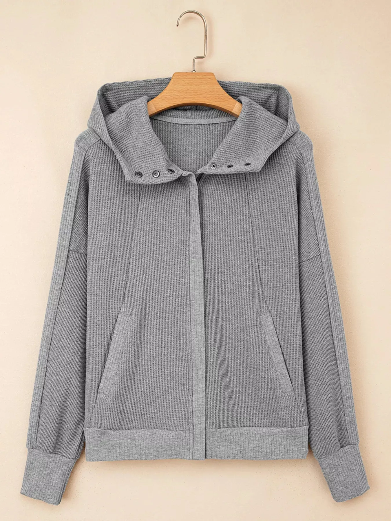 Waffle Splicing Zip Up Front Button Hooded Jacket sold by Charming Charlie product image thumbnail 5