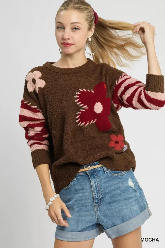 Umgee Flower Jacquard Striped Long Sleeve Sweater sold by Charming Charlie