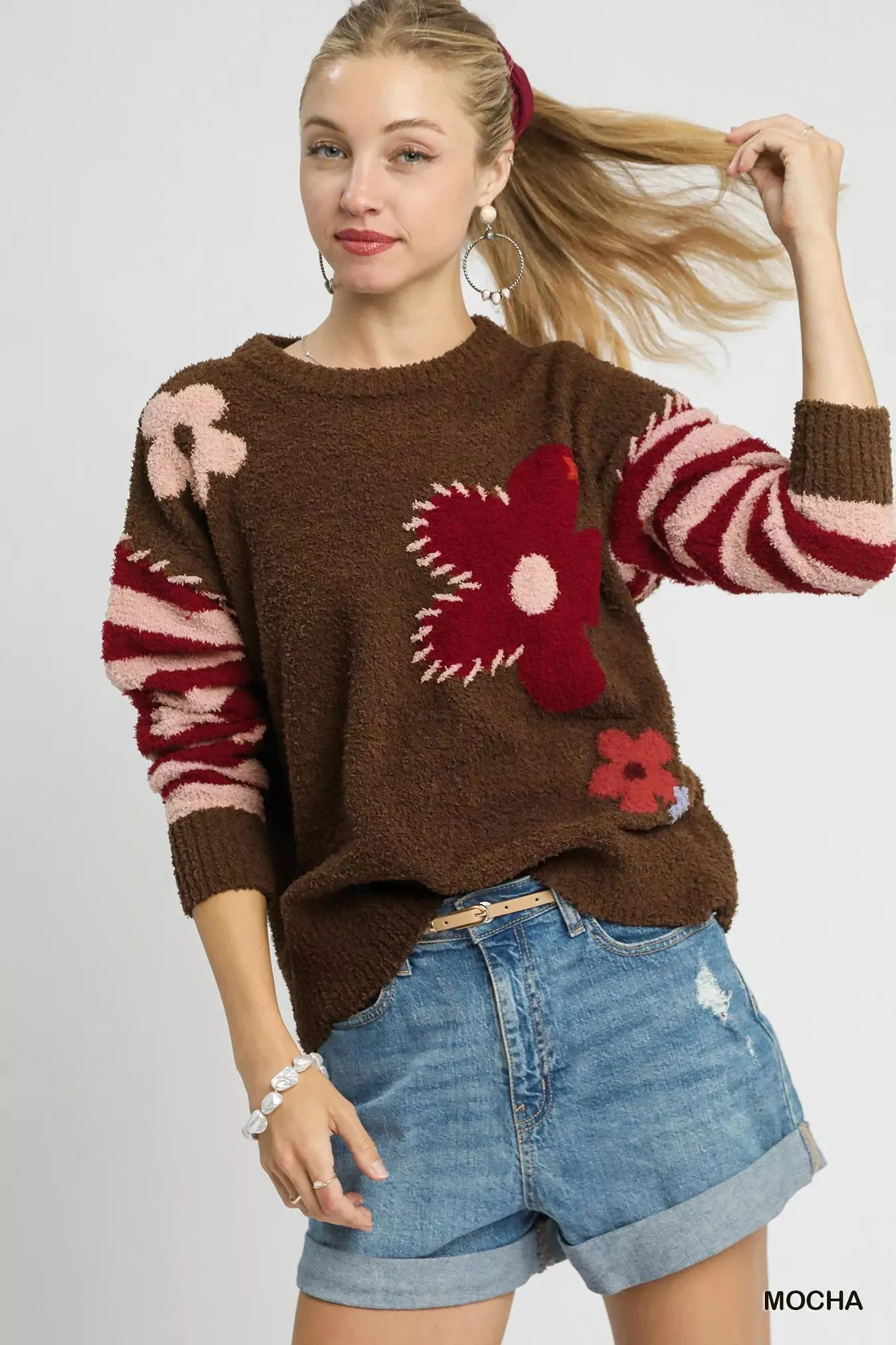 Umgee Flower Jacquard Striped Long Sleeve Sweater sold by Charming Charlie