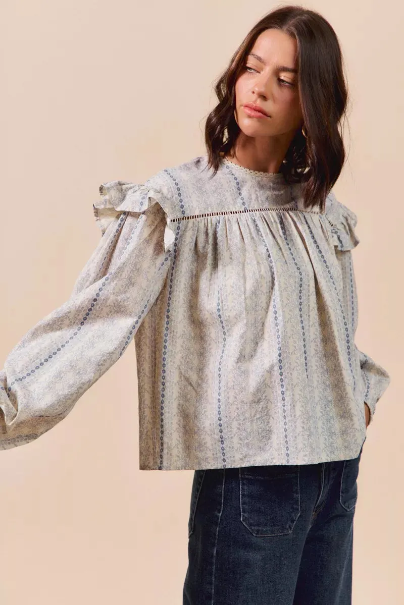 SO ME Floral Cotton Print Ruffled Long Sleeve Blouse sold by Charming Charlie product image thumbnail 3