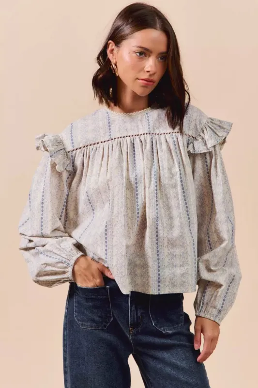 SO ME Floral Cotton Print Ruffled Long Sleeve Blouse sold by Charming Charlie
