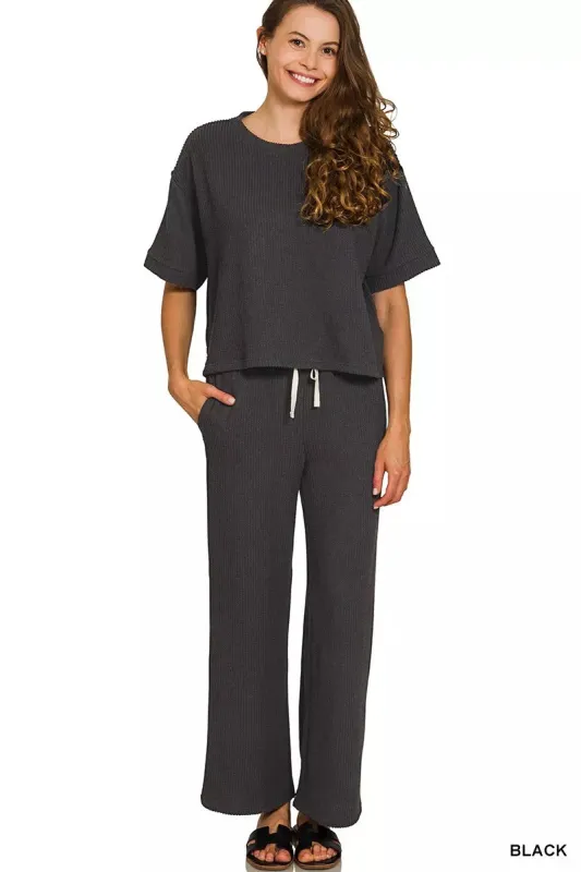 Zenana Raised Rib Short Sleeve Tee & Pants Set sold by Charming Charlie