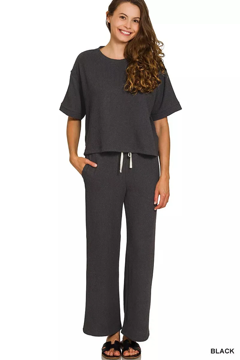 Zenana Raised Rib Short Sleeve Tee & Pants Set sold by Charming Charlie