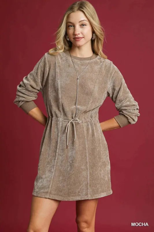 Umgee Velour Drawstring Mini Dress with Long Sleeves sold by Charming Charlie