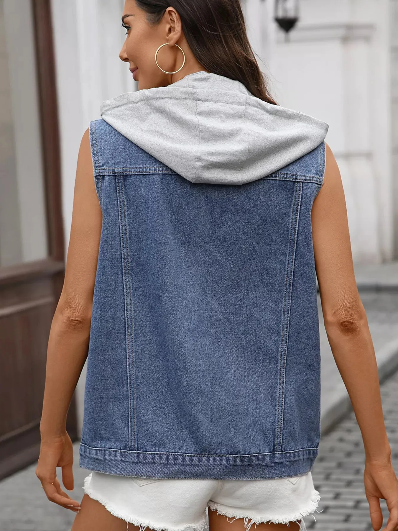 Button Up Removable Hooded Sleeveless Denim Jacket sold by Charming Charlie product image thumbnail 3