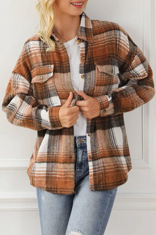 Plaid Flap Chest Pockets Shacket sold by Charming Charlie