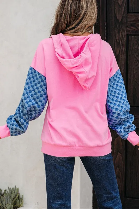 Checker Patchwork Kangaroo Pocket Half-Zip Hoodie sold by Charming Charlie product image thumbnail 2