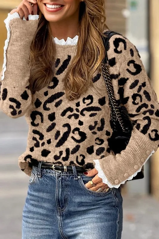 Leopard Lace Ribbed Trim Buttoned Cuff Sweater sold by Charming Charlie