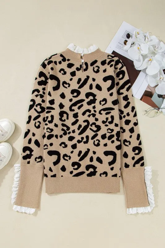 Leopard Lace Ribbed Trim Buttoned Cuff Sweater sold by Charming Charlie product image thumbnail 3