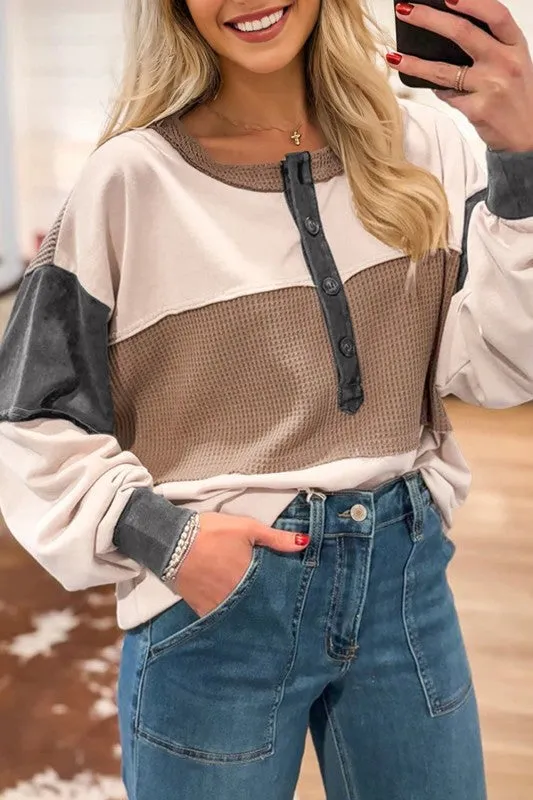 Colorblock Waffle Knit Patchwork Henley Top sold by Charming Charlie