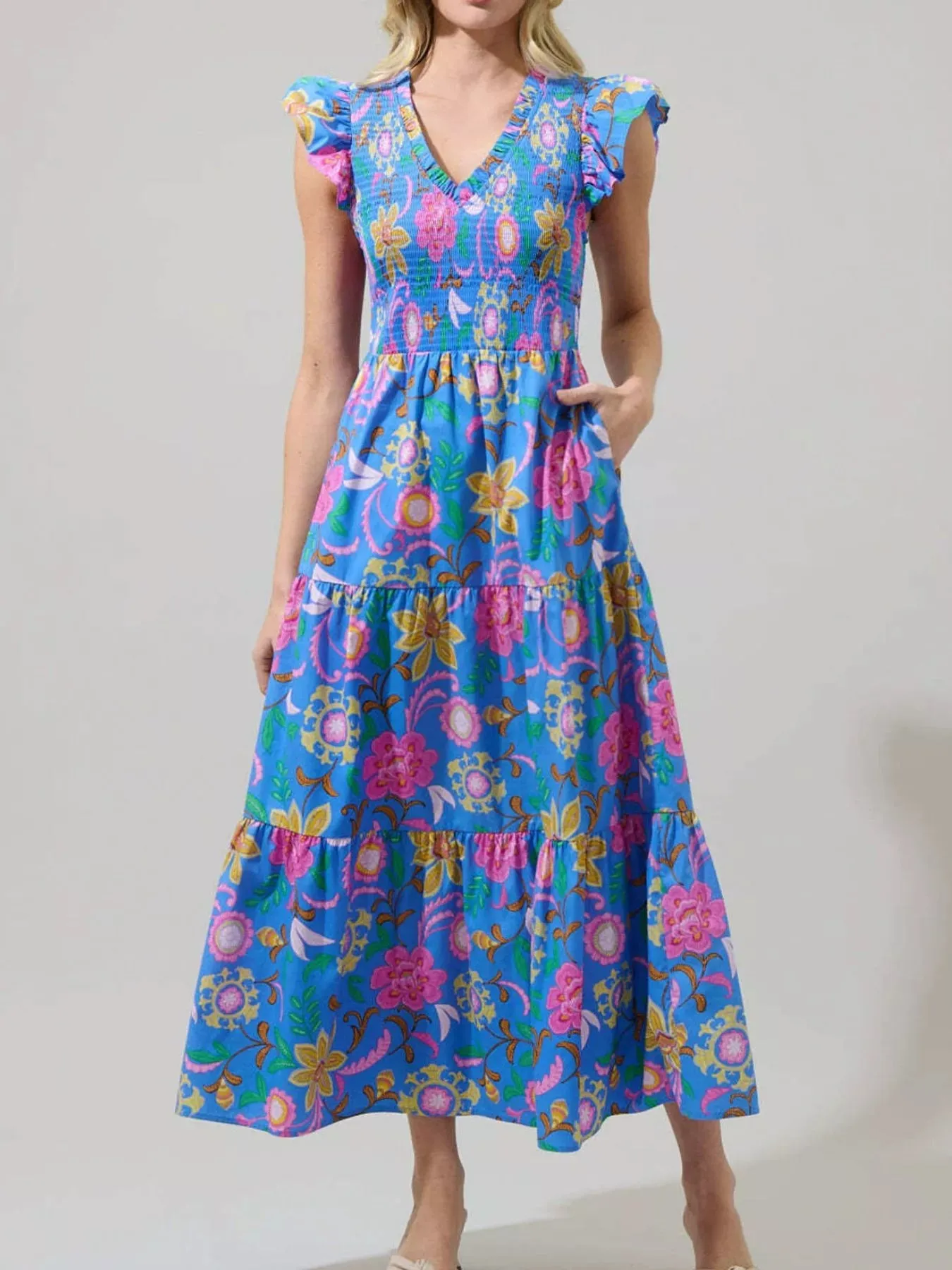 Ruffled V-Neck Tiered Midi Dress sold by Charming Charlie