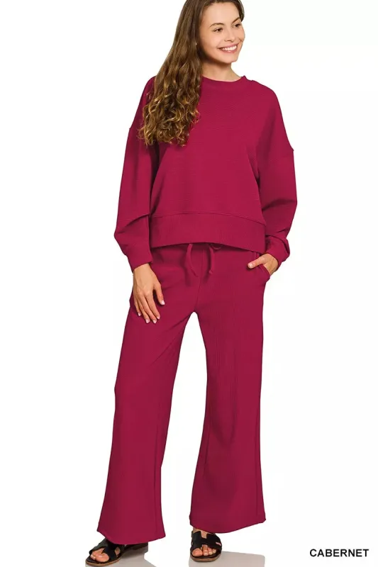 Zenana Ribbed Round Neck Pullover and Drawstring Pants Set sold by Charming Charlie