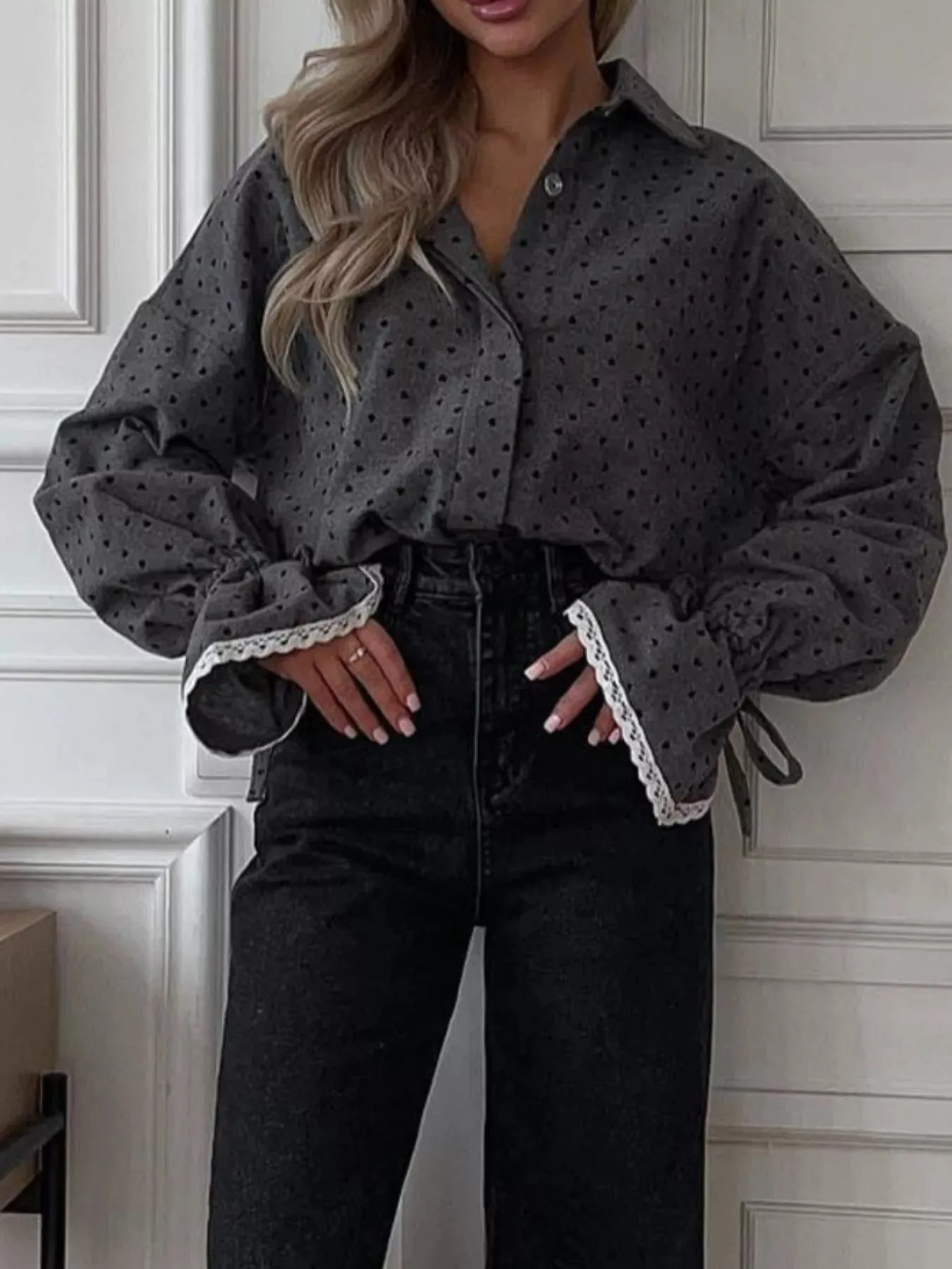 Heart Print Button Up Flounce Sleeve Shirt sold by Charming Charlie product image thumbnail 2